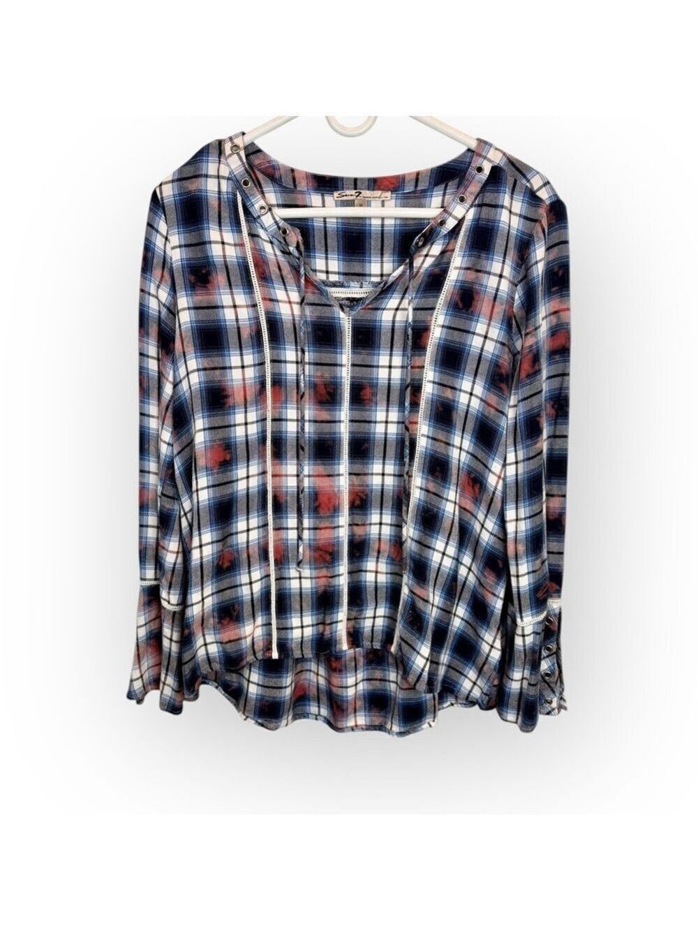 Seven7 Plaid Flannel Tunic Top Lace Up Tie Dye Bleach Medium